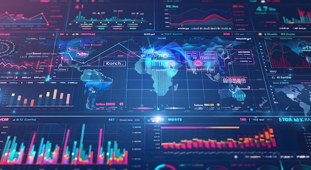A digital dashboard displaying various financial metrics, stock market trends, and global economic indices, with a focus on investment flows and currency exchange rates.