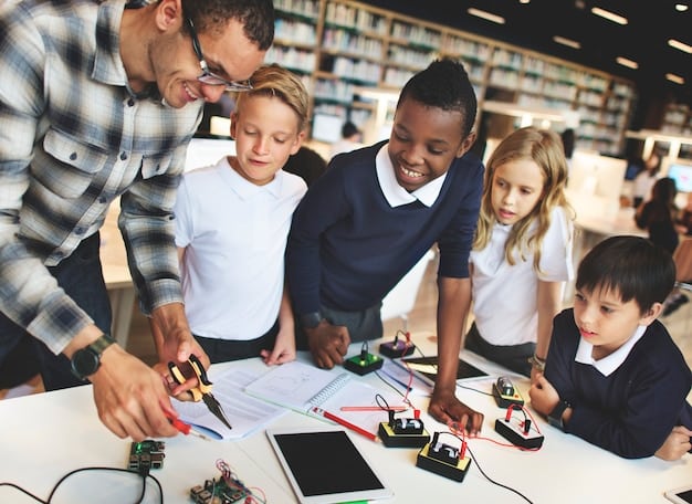 A diverse group of students engaged in a robotics class, demonstrating hands-on learning in a modern educational setting, symbolizing investments in STEM education.