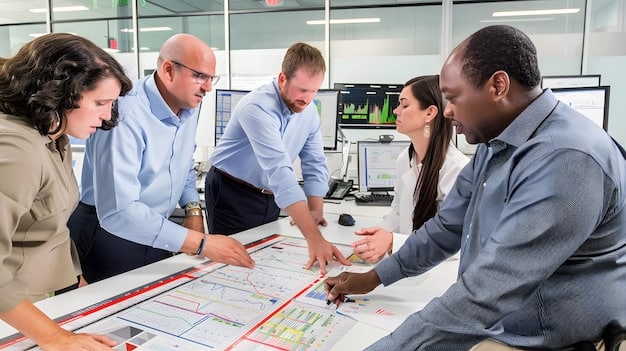 A diverse team of professionals in a modern office collaborating around a digital blueprint, symbolizing complex project planning and compliance in government contracting.