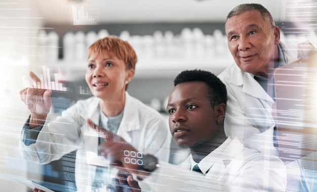 A diverse group of scientists and engineers collaborating in a modern lab, surrounded by quantum computing equipment and digital displays showing complex algorithms, symbolizing interdisciplinary teamwork.