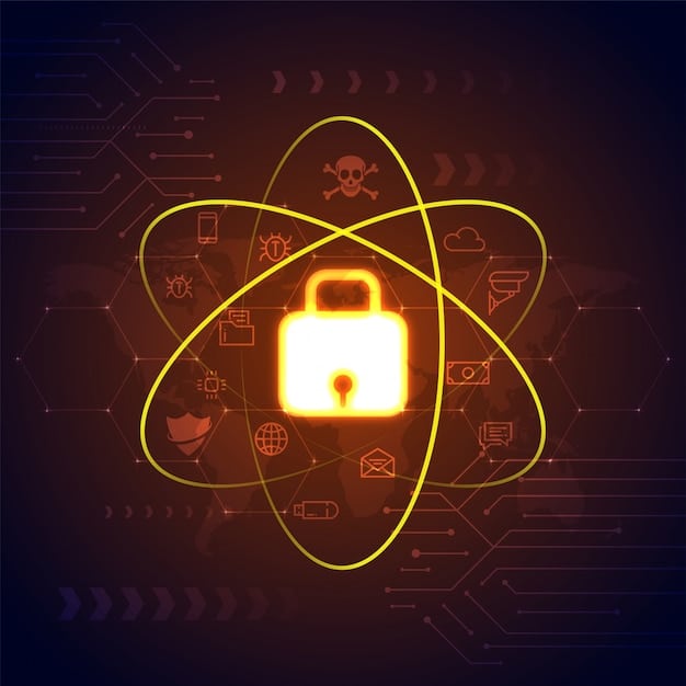 A stylized representation of a secure digital lock being protected by quantum particles, emphasizing the cybersecurity implications of quantum computing.