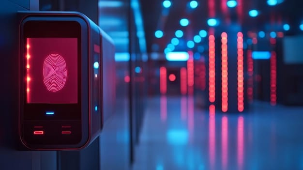 Conceptual image showing data streams and digital security protocols overlaid on a biometric scanner at an airport checkpoint.