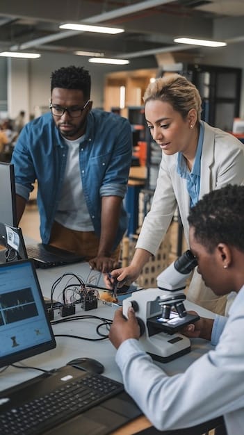 A diverse group of scientists and engineers collaborating in a modern lab setting, with advanced networking equipment and schematics on display, emphasizing research and development.
