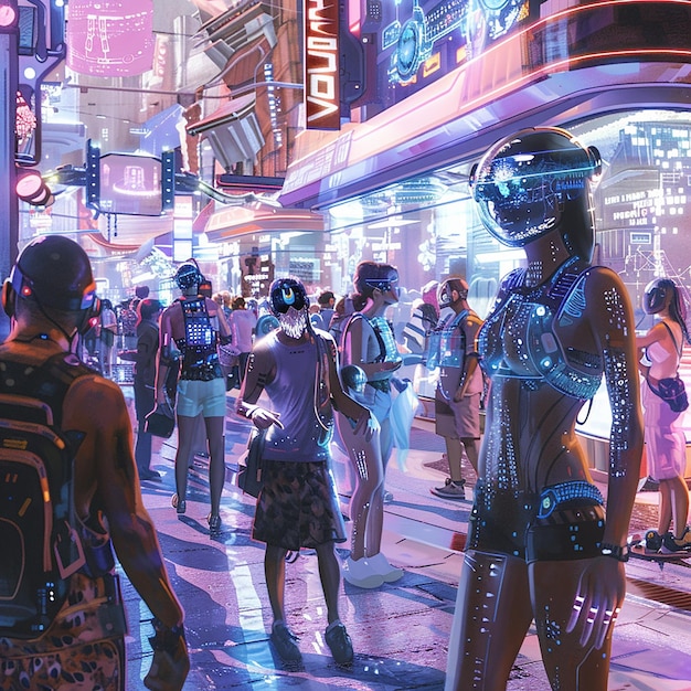 A diverse group of avatars interacting within a vibrant, futuristic virtual retail space, displaying digital fashion items and interactive product displays, with visible branding from well-known US companies.