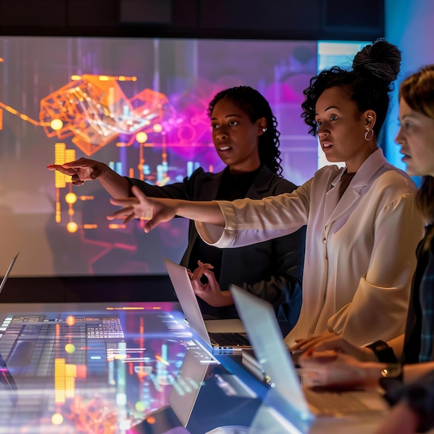 A diverse group of tech professionals collaborating around a holographic display showing complex data structures and AI algorithms, illustrating teamwork and innovation in a modern office setup.