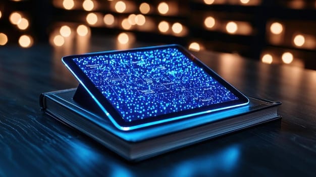 A close-up of a digital ballot being cast on a secure tablet, with glowing lines connecting it to abstract blockchain nodes in the background, representing a secure voting process.