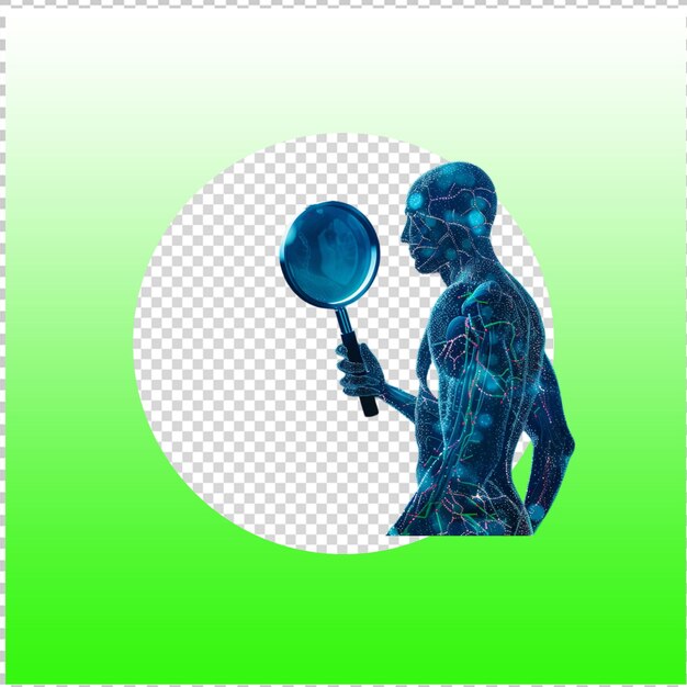 A magnifying glass highlighting a single, isolated human figure within a vast, complex digital network, symbolizing the individual's experience within a tailored algorithmic reality.
