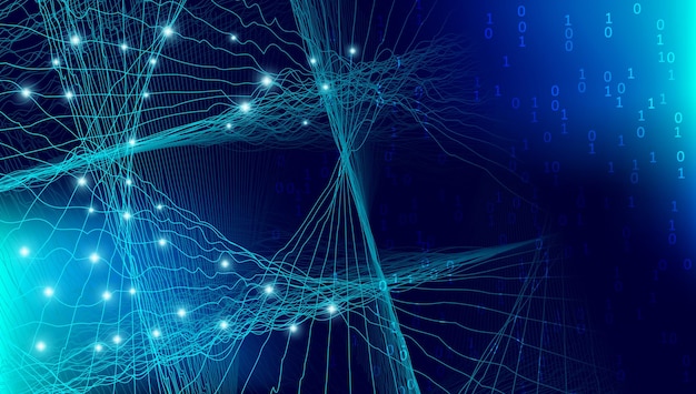A complex digital network diagram, with several nodes brightly lit and labeled as 