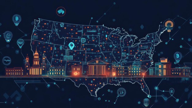 A map of the United States with specific regions highlighted, showing clusters of cryptocurrency mining operations and accompanying environmental data, such as carbon emissions or energy consumption per state.
