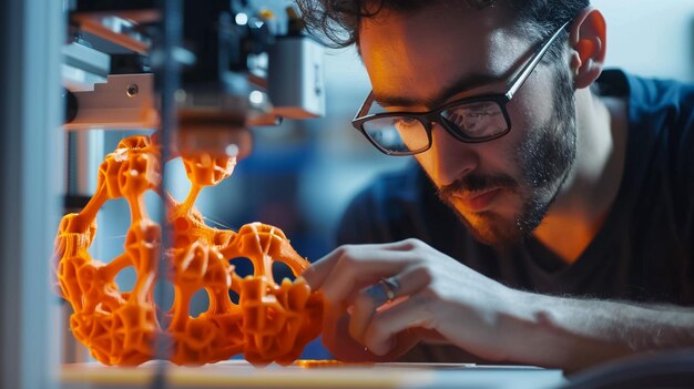 An engineer examining a complex, lightweight metal part created with a 3D printer, highlighting the intricate internal lattice structures possible with additive manufacturing.