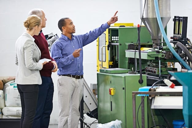 A diverse group of US manufacturing workers collaborating around a large industrial 3D printing machine, depicting teamwork and advanced skill sets in modern factory environment.