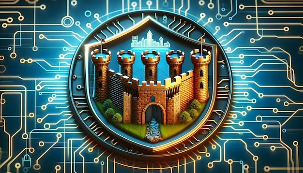 A digital fortress icon with circuit board patterns, protected by a glowing shield, symbolizing robust cybersecurity for AI systems within critical infrastructure. The background is dark and technical.