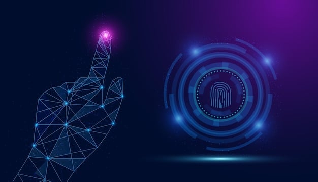 A digital fingerprint icon overlaid on a network of glowing lines, representing data privacy and secure connections in a complex tech environment.