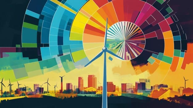 A vibrant graphic illustrating clean energy with solar panels, wind turbines, and electric vehicles integrated into a modern city skyline.